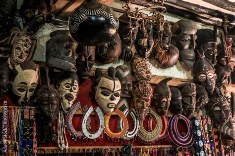 African masks on the market in Stone Town, Zanzibar, Tanzania Stock ...