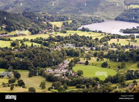 Grasmere village in the Lake District national park seen from the summit of Helm Crag The ...