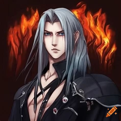 Epic scene of sephiroth in a fiery environment