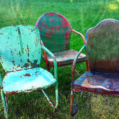 Mid-century vintage metal lawn chair. From the left an unknown a Shott and an Arvin. See histor ...