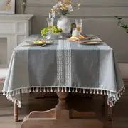 Embroidered Linen Table Cloth With Tassel, Kitchen Dinner Christmas Splash Resistant Soil ...