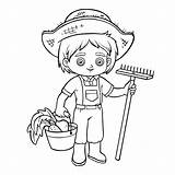 Premium Vector  Coloring Book For Children farmer Boy With Rake And Bucket sketch template