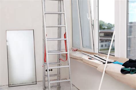 Folding Ladder, Tools and Double Glazing Indoors. Window Installation Stock Image - Image of ...