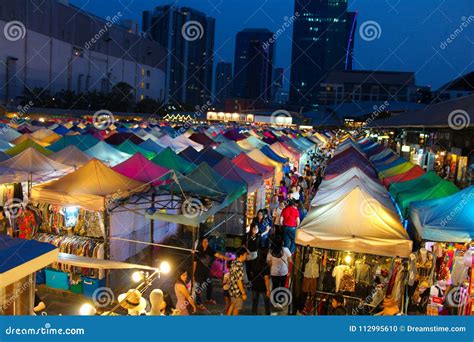 Ratchada Rot Fai Train Market At Night In Bangkok, Thailand Editorial ...