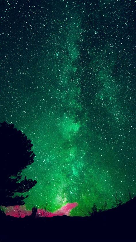 the night sky is filled with green and pink stars, as well as some trees