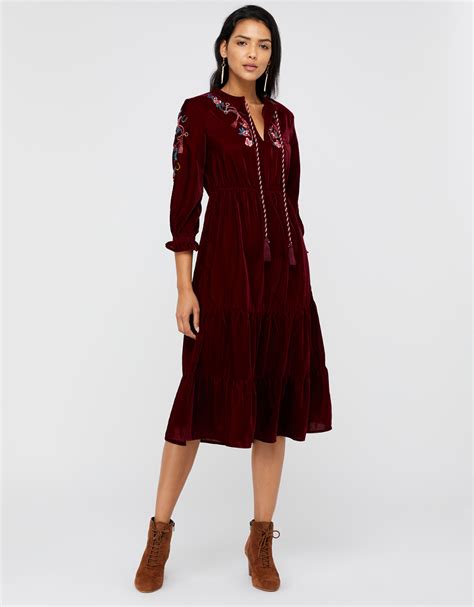 Vivi Velvet Embroidered Midi Dress | Purple | Small | 7481071951 | Monsoon