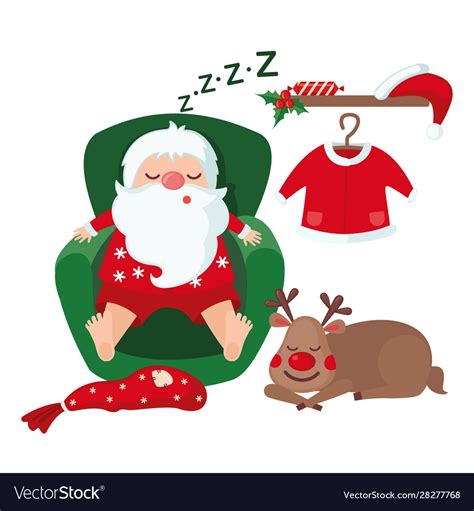 Tired santa claus and deer sleeping on chair Vector Image