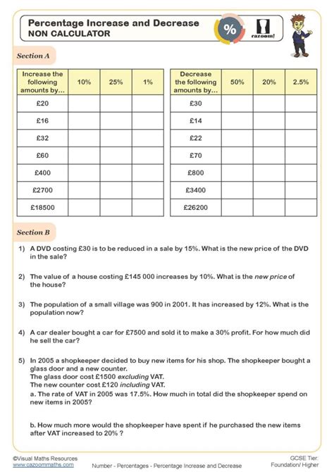 Percentage Increase and Decrease Worksheet | Cazoom Maths Worksheets