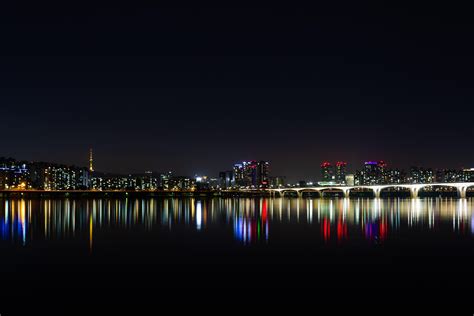 wallpaper night city, panorama, city lights, horizon, sea HD : Widescreen : High Definition ...