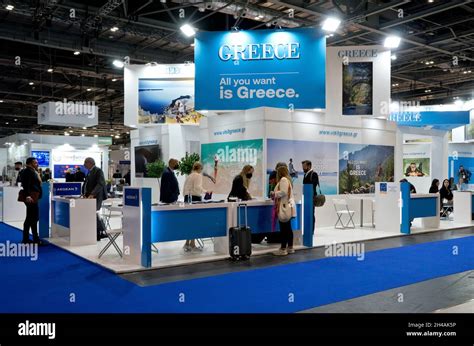 Exhibitors and visitors at the World Travel Market (WTM) at the Excel Exhibition Centre, London ...