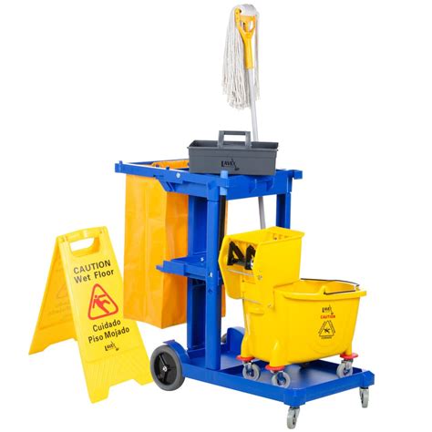 Lavex Blue Cleaning / Janitor Cart Kit with Yellow Mop Bucket, Wet ...