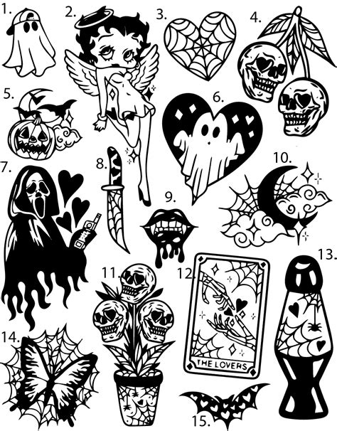 an assortment of halloween tattoos on white paper