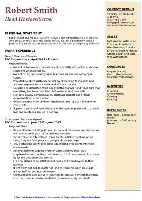 Hostess Sample Resume - Get Free Templates