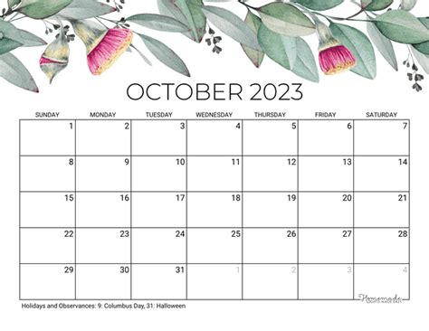 October 2023 Calendar | Free Printable with Holidays