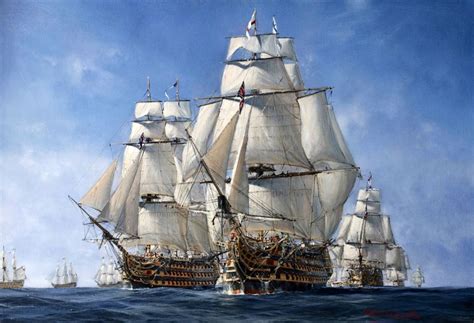 Nelson and his fleet. HMS Victory sails into the Battle of Trafalgar: 21st October 1805 Marine ...