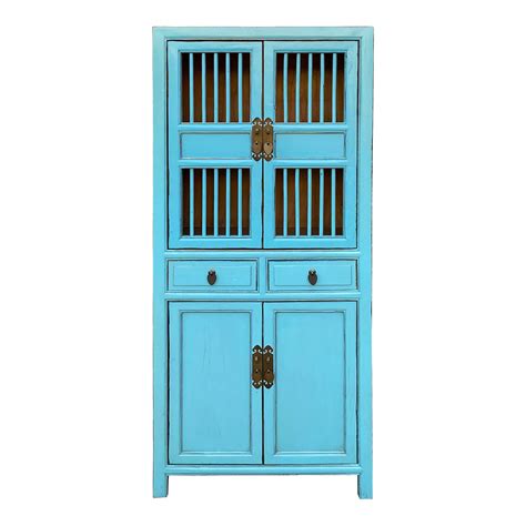Chinese Pastel Blue Shutter Doors Small Display Bookcase Curio Cabinet ...