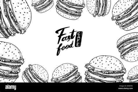 Fast food background. Vegetable Vegan Burger Burger Banner template in vintage style. Sketch ...