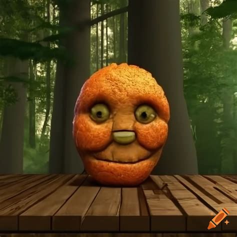 Orange fruit tree monster with a lemon human face on a wooden table in a 3d scene on Craiyon