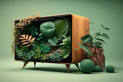 Premium Photo | Sustainable Media Eco Wooden TV and Green plant on Green background