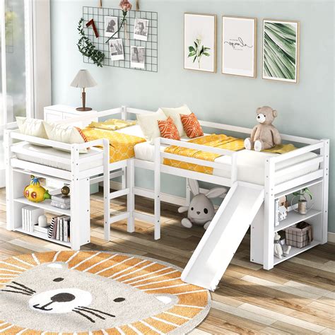 Buy Harper Bright Designs L-Shape Loft Bed with Slide, Kids L Shaped Loft Bed Twin 2 Beds with ...