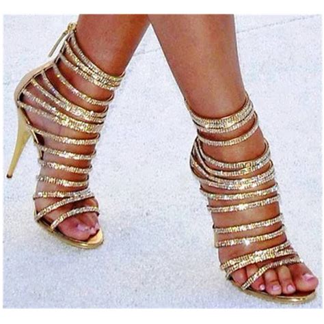 Gold Crystals Peep Toe Sexy High Heels Stilettos Luxury Rhinestones ...