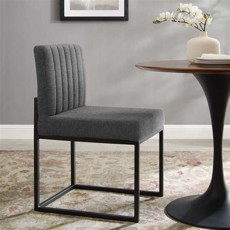 Modway Carriage Channel Tufted Sled Base Upholstered Fabric Dining Chair in Black Charcoal ...