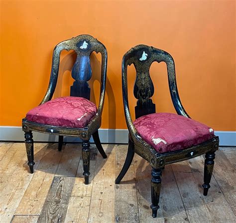 Pair Of Victorian Japanned & Papier Mache Salon Chairs