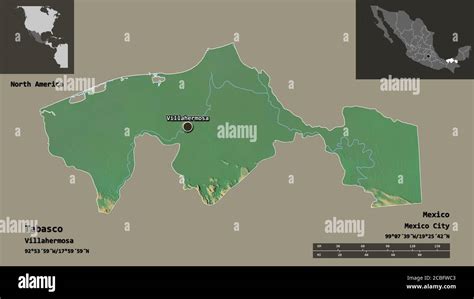 Shape of Tabasco, state of Mexico, and its capital. Distance scale ...