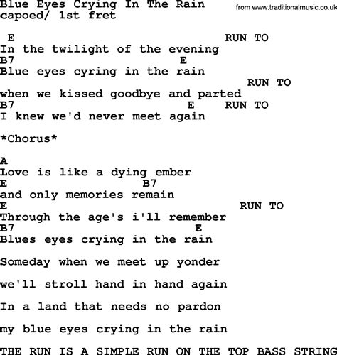 Willie Nelson song: Blue Eyes Crying In The Rain, lyrics and chords | Lyrics and chords, Guitar ...