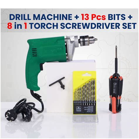 Buy Drill Machine + 13 Pcs Bits + 8 in 1 Torch Screwdriver Set (PT2) Online at Best Price in ...