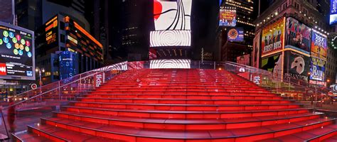 TKTS booth red stairs, Times Square, structure designed by Nicholas S. Leahy, based on a ...