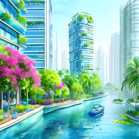 Future city, green utopia, blue water, white buildings, colorfu... - Arthub.ai