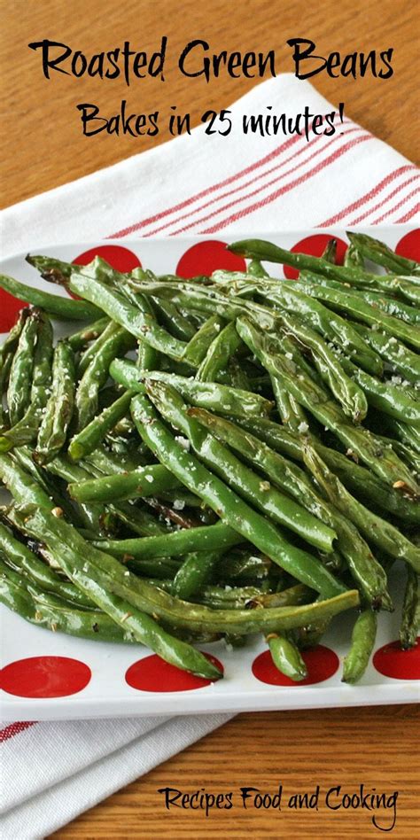 roasted green beans baked in 25 minutes on a plate with red polka dot napkins