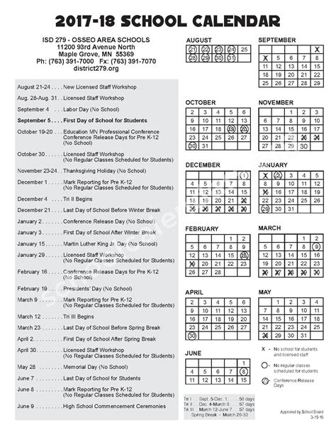 Osseo District 279 Calendar - Printable Computer Tools