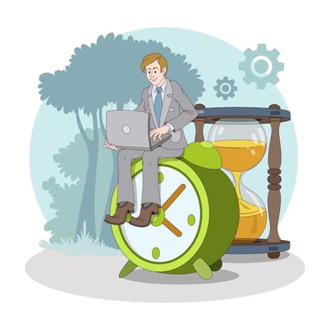 Premium Vector | Male sitting on big clock and working on laptop Time ...