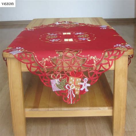 vezon New Arrival Christmas Embroidery Table Topper Satin Embroidered Xmas Red Tablecloth ...