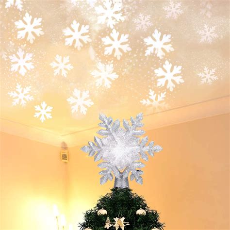 Yostyle Christmas Tree Topper Lighted with White Snowflake Projector, LED Rotating Snowflake, 3D ...