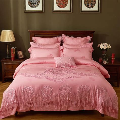 New Luxury Silk Cotton Wedding Bedding Set Embroidery Lace Duvet Cover ...