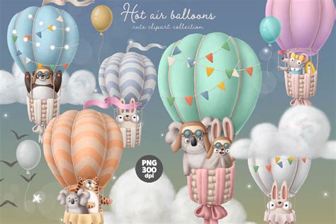 Hot air balloon with animals cute clipart set By An_Kle | TheHungryJPEG