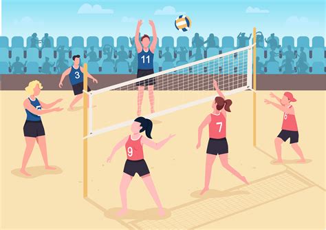 People playing volleyball on beach flat color vector illustration By ntl-studio | TheHungryJPEG