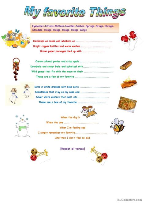 My favorite things. song and nursery…: English ESL worksheets pdf & doc