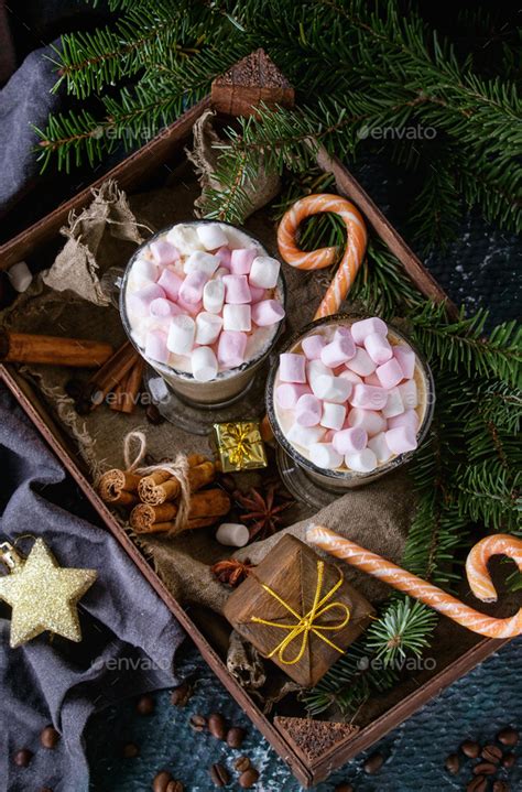 Christmas Cafe latte with marshmallow Stock Photo by NatashaBreen | PhotoDune