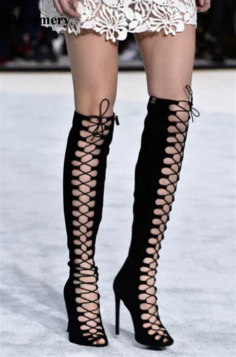 High Quality Women Fashion Lace up Black Suede Leather Knee High ...