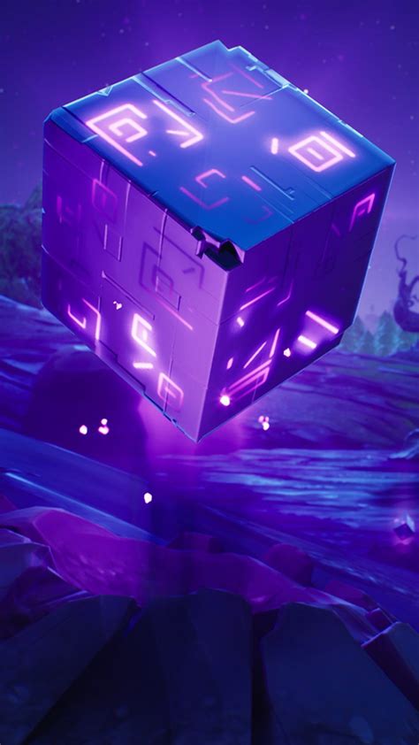 a purple cube floating in the air with glowing lights on it's sides and water below