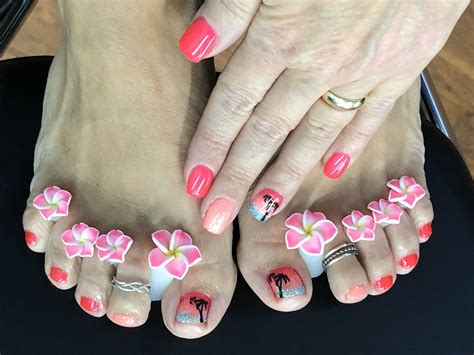 Matching mani pedi vacation tropical gel nails | Beach nails, Beach nail designs, Gel nail designs