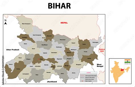 Bihar Map.Political map of Bihar District. Bihar map with gray color ...