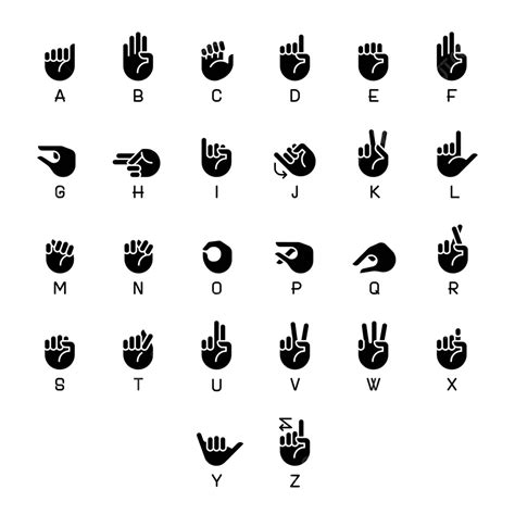 A Set Of Black Glyph Icons Depicting Letters In American Sign Language On White Background ...