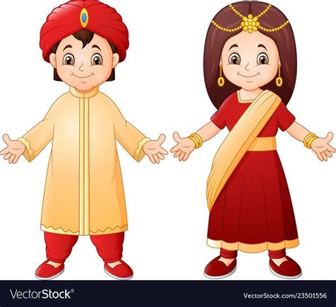 Cartoon indian couple wearing traditional costume Vector Image | Cartoon, Country costumes ...