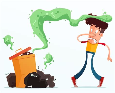 Young man get annoyed because of stinky garbage Vector | Premium Download