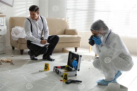 Investigators Working at Crime Scene in Living Room Stock Photo - Image of expertise, blood ...